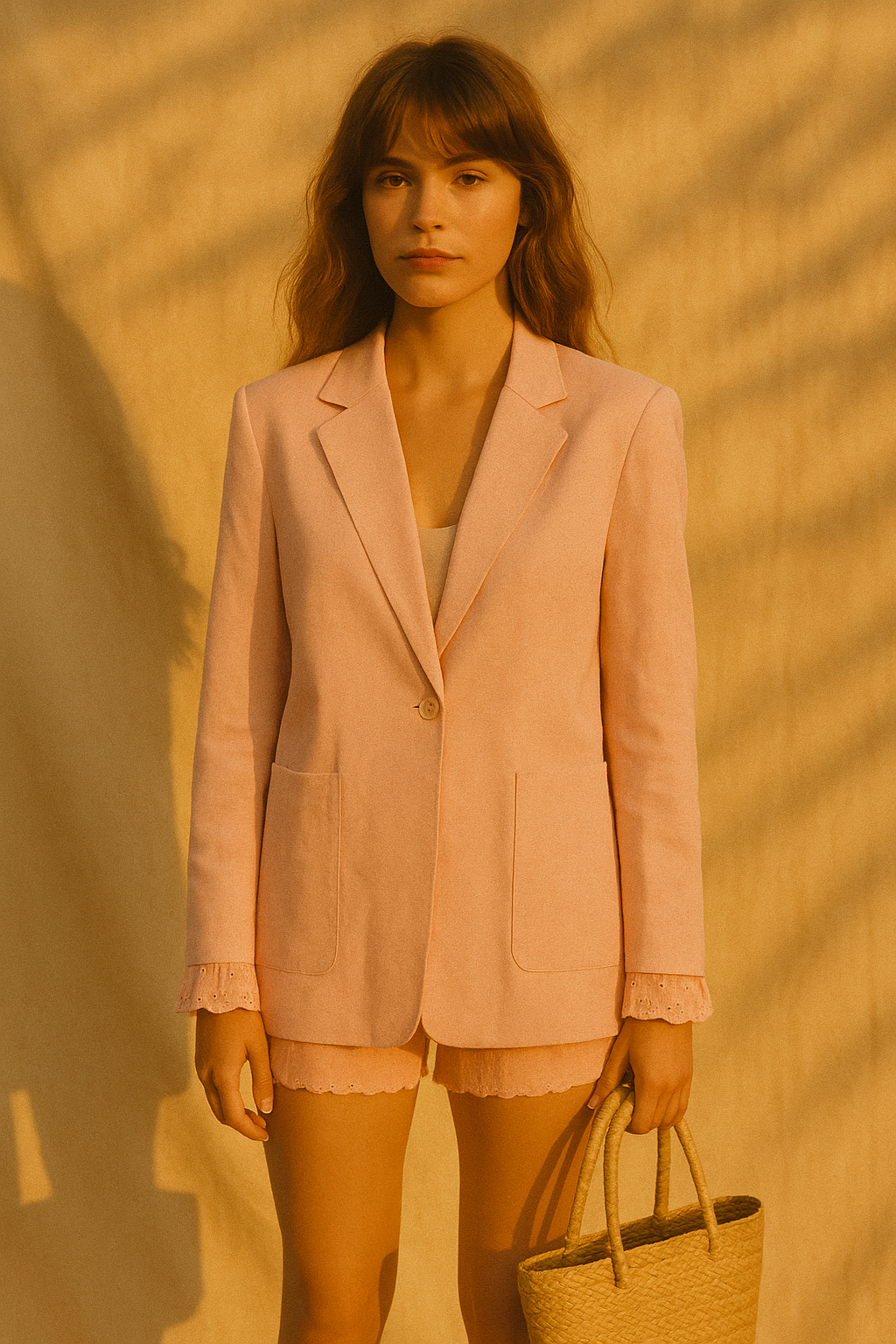 Modern free-spirited woman wearing Blazer with Eyelet Cuffs in Pink from The Loom House.