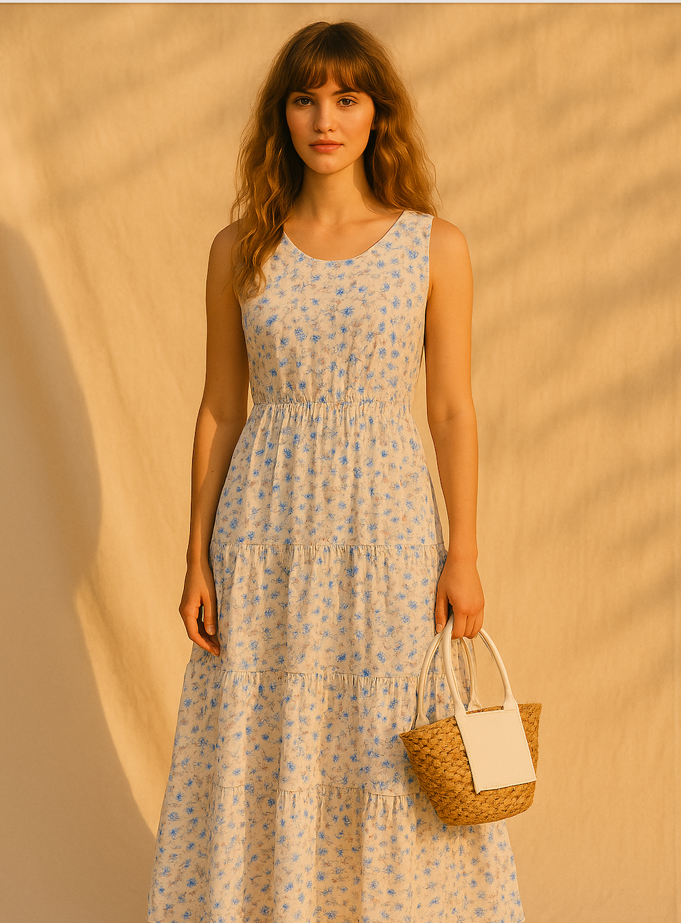 Modern free-spirited woman wearing Floral Tiered Maxi Dress in Cream Multi from The Loom House.
