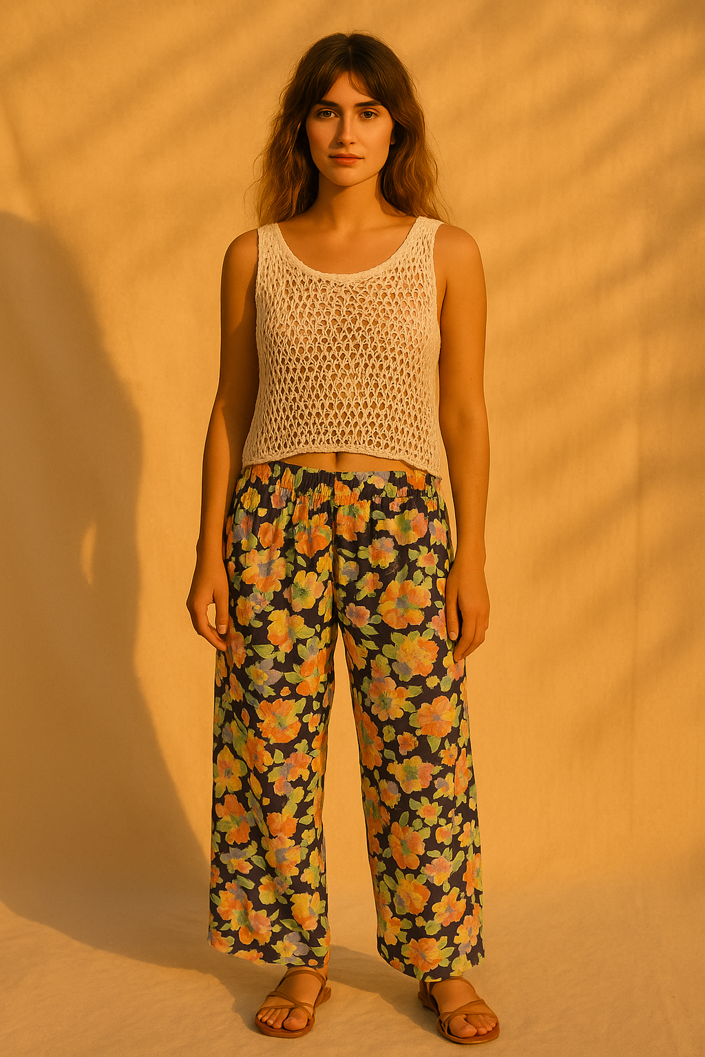 Modern free-spirited woman wearing Silky Floral Wide Leg Pants in Navy Combo from The Loom House.