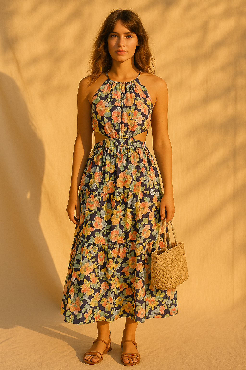 Modern free-spirited woman wearing Floral Cut Out Midi Dress in Navy Combo from The Loom House. 
