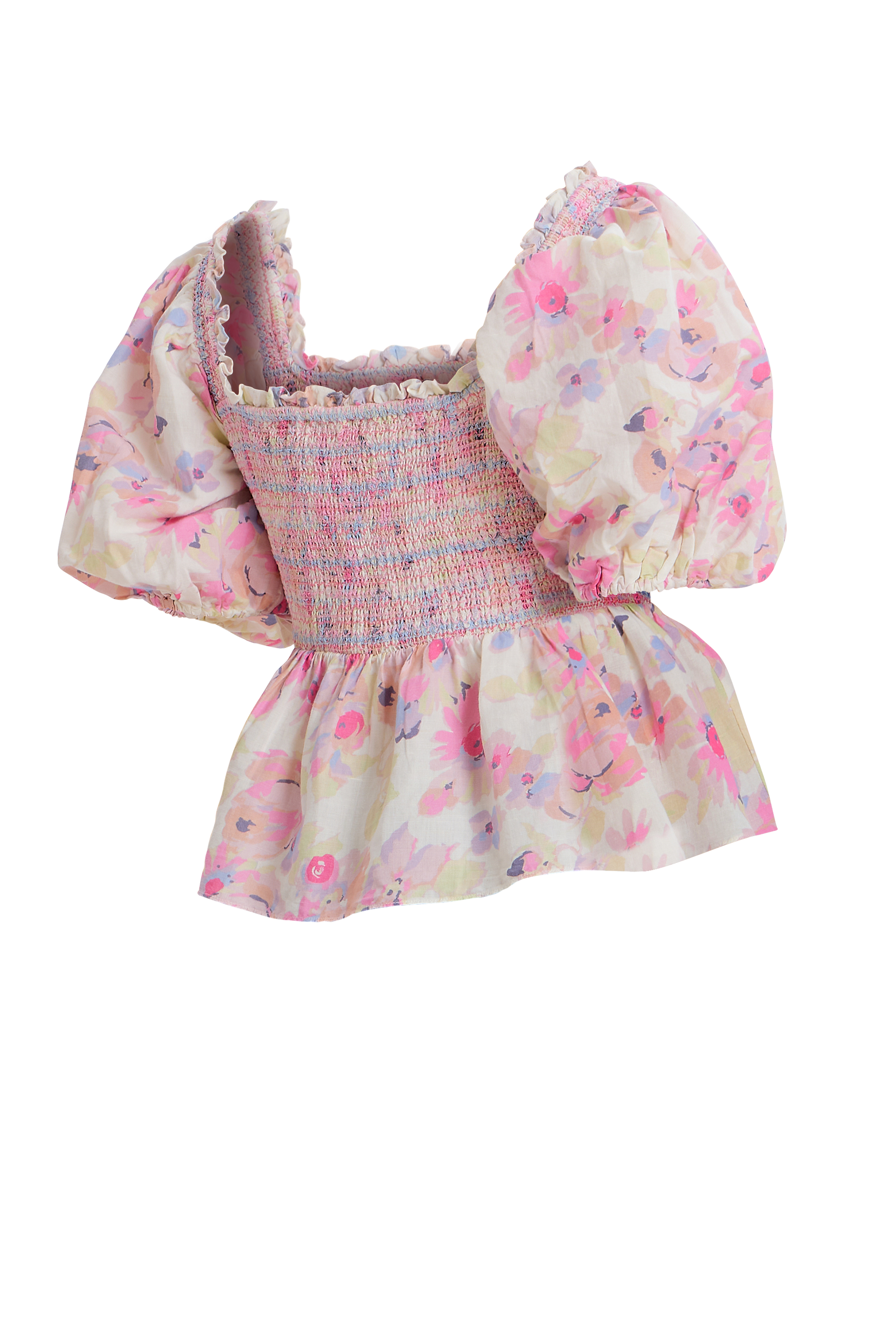 Floral Smocked Puff Shoulder Top in Pastel/Multi from The Loom House.
