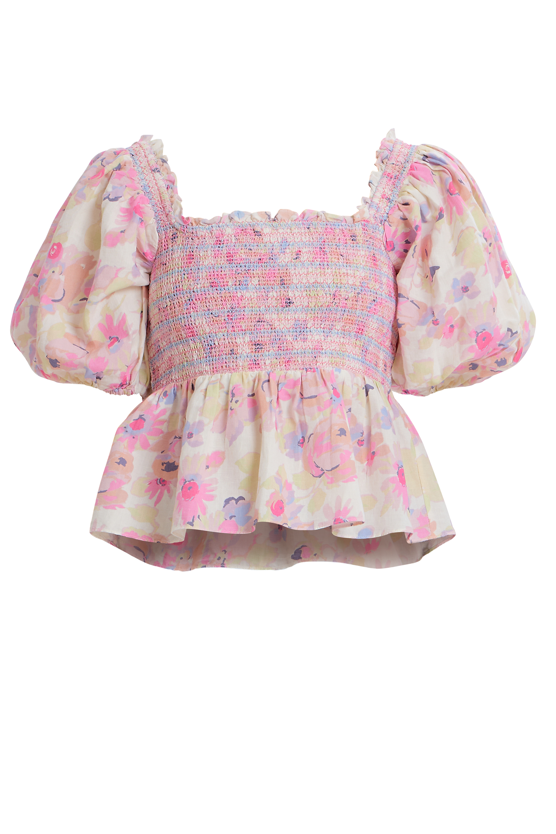 Floral Smocked Puff Shoulder Top in Pastel/Multi from The Loom House.
