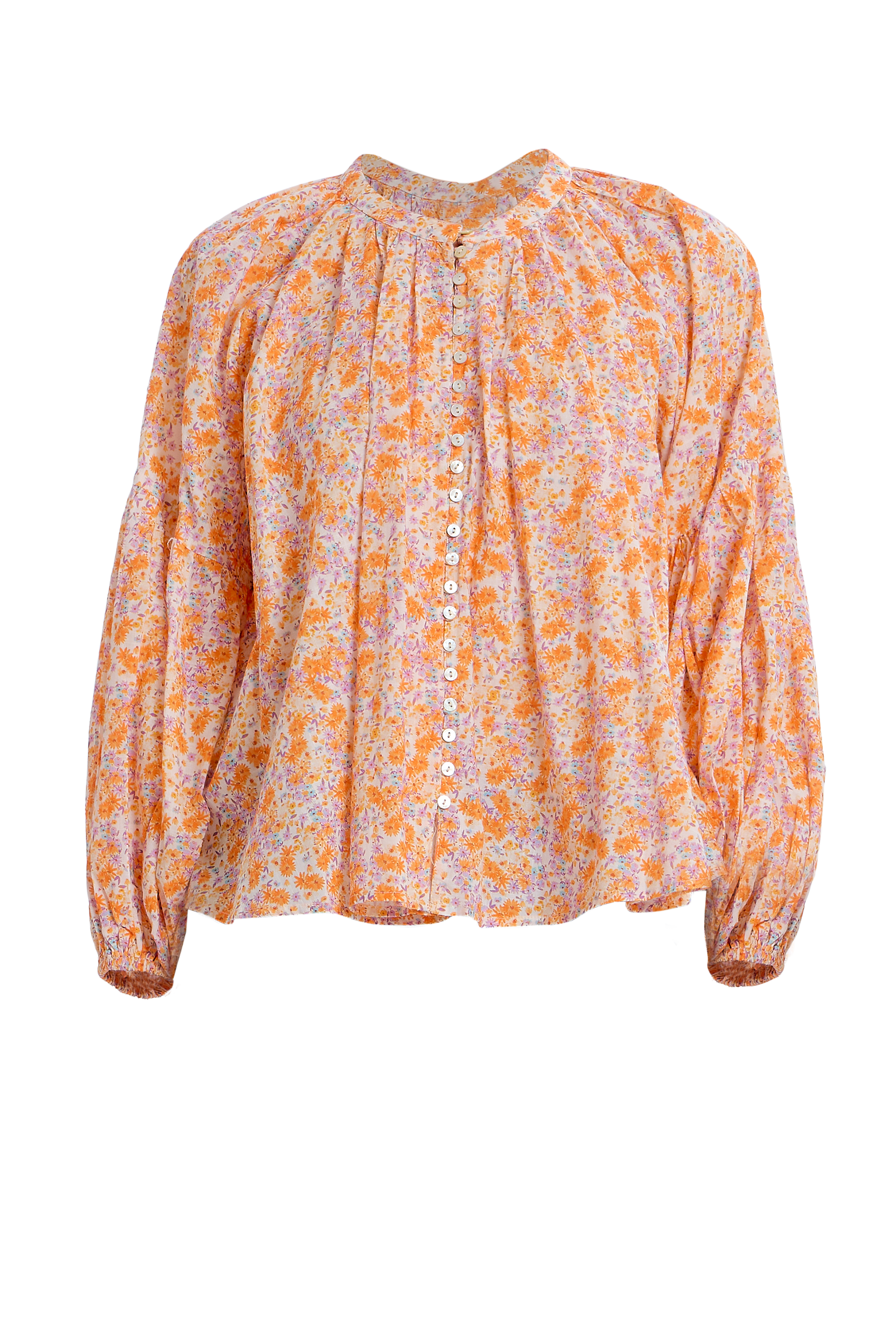 Long Sleeve Flowy Button Up in Orange Combo from The Loom House.