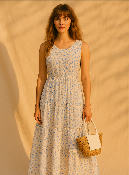Modern free-spirited woman wearing Floral Tiered Maxi Dress in Cream Multi from The Loom House.
