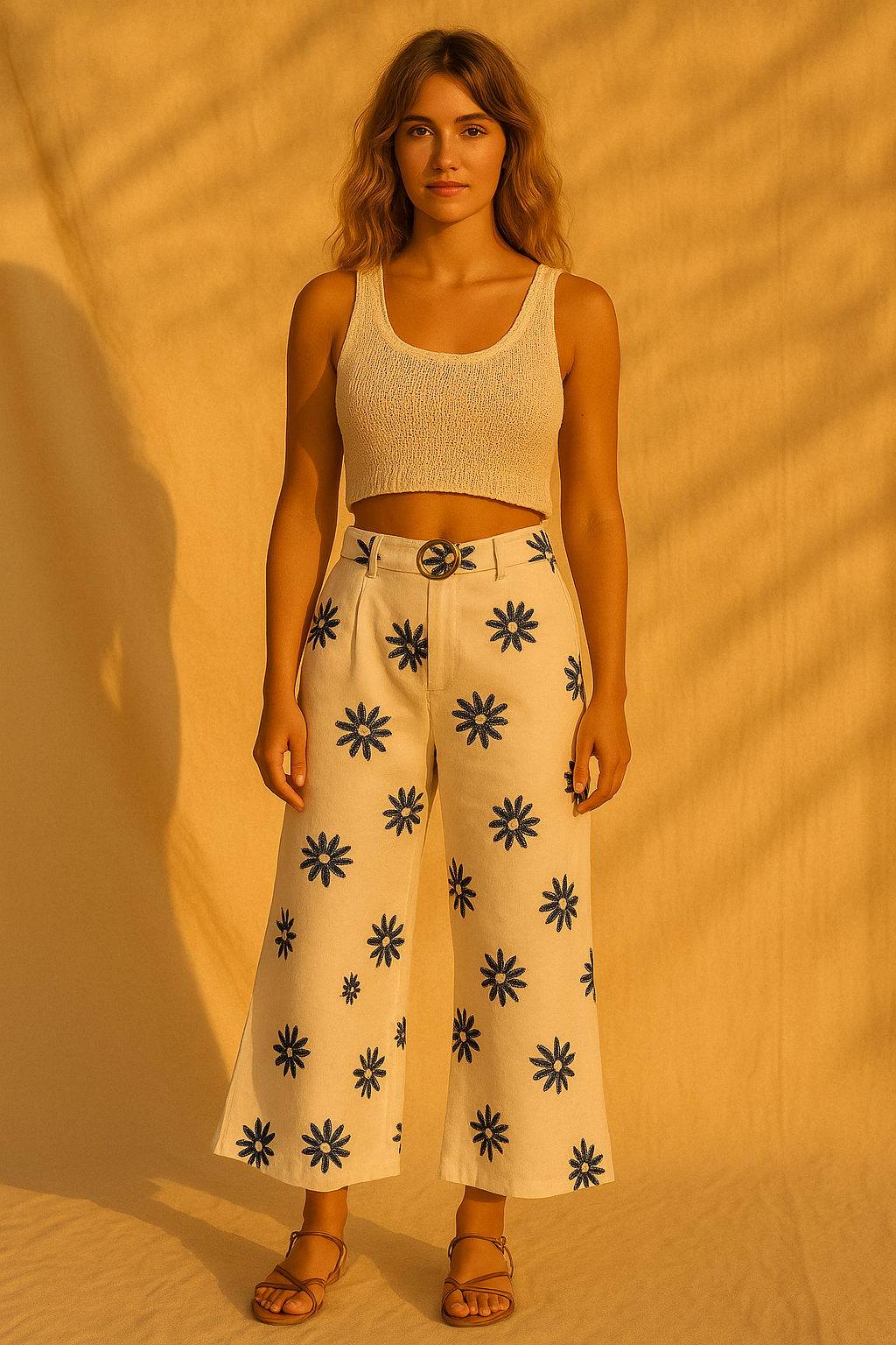 Modern free-spirited woman wearing Embroidered Wide Leg Pants with Belt in White Combo from The Loom House.
