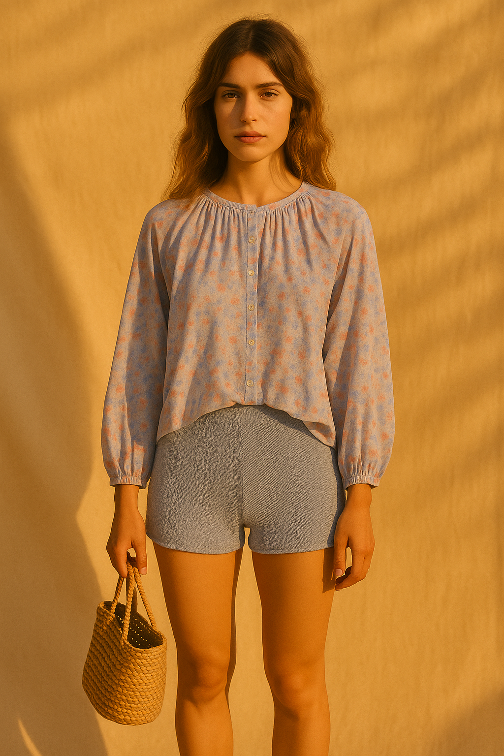 Modern free-spirited woman wearing Long Sleeve Flowy Button Up in White Combo from The Loom House.