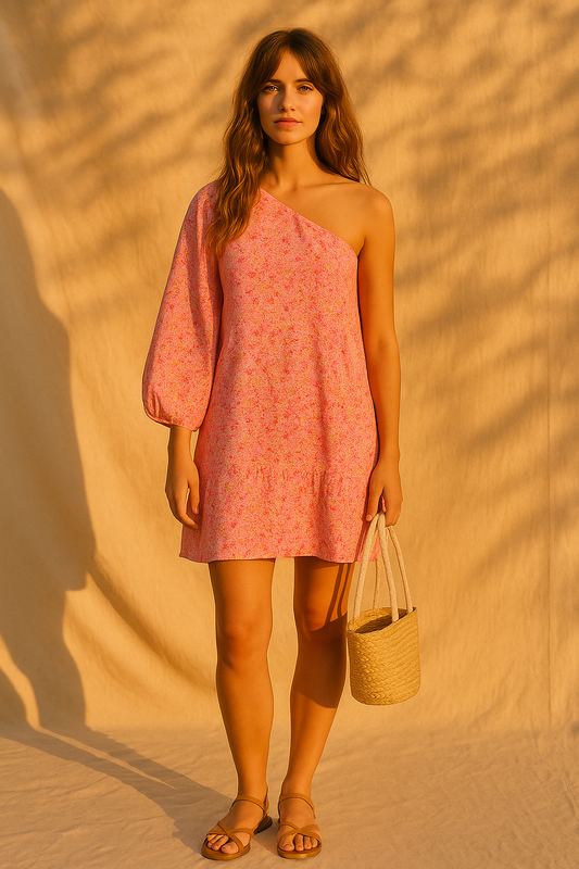 Modern free-spirited woman wearing One-Shoulder Floral Mini Dress in Pink/Floral from The Loom House.
