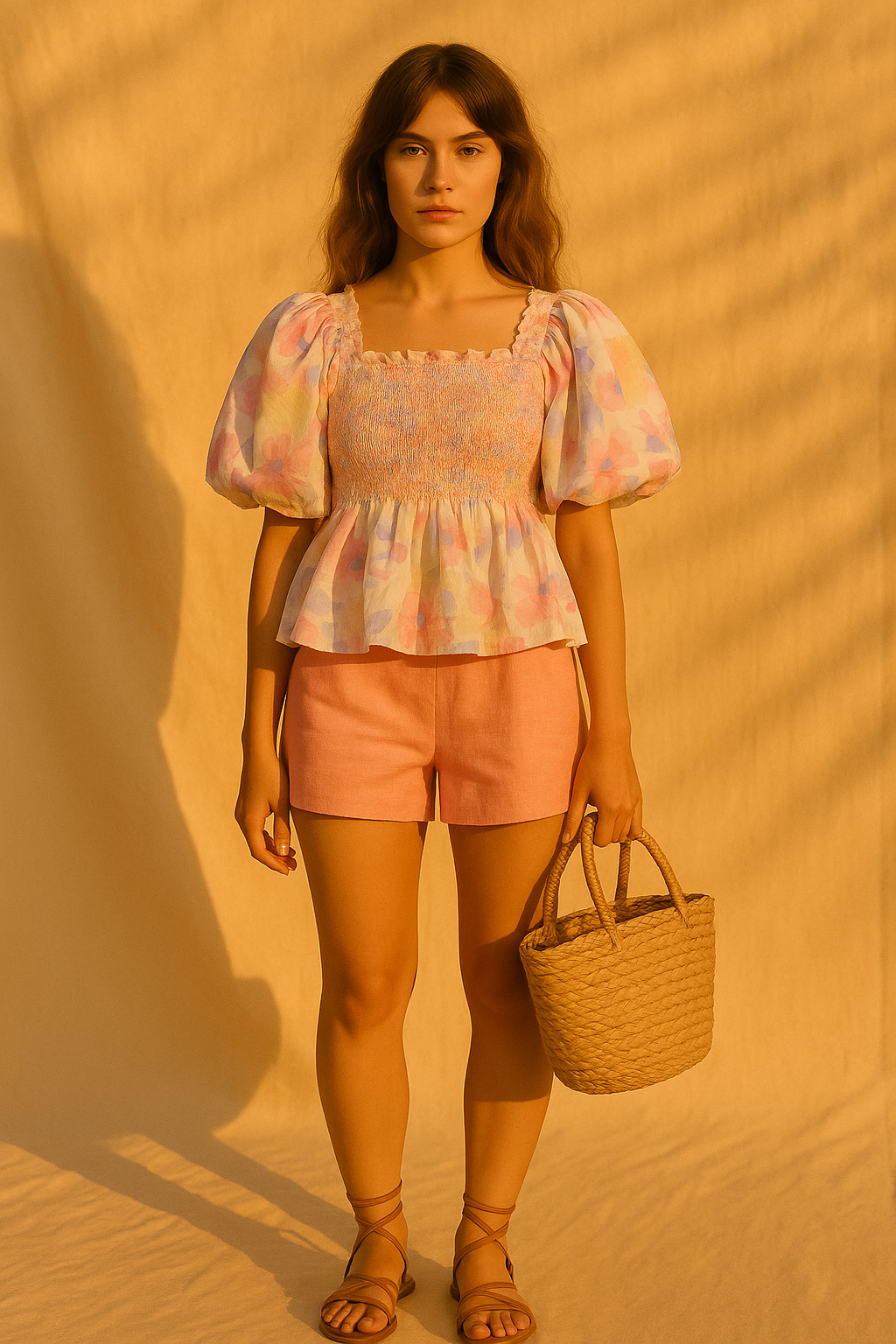 Modern free-spirited woman wearing Floral Smocked Puff Shoulder Top in Pastel/Multi from The Loom House.
